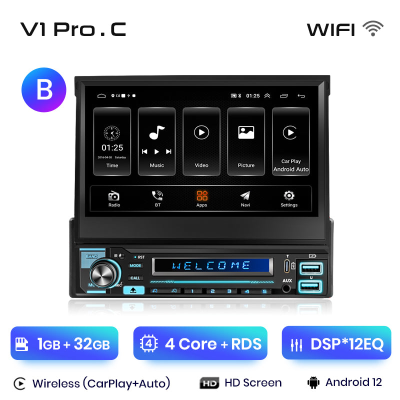 Junsun Wireless Carplay Android Auto 7 "Retractable Touch Screen Universal Radio 1 Din Foldden Car Multimedia Player GPS Autorad