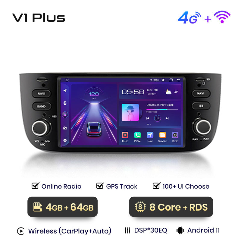 Junsun V1Plus Autoradio für Fiat/Linea/Punto Evo 2012–2015, Auto-Smart-Systeme für Apple Carplay, FM, GPS, SWC, BT