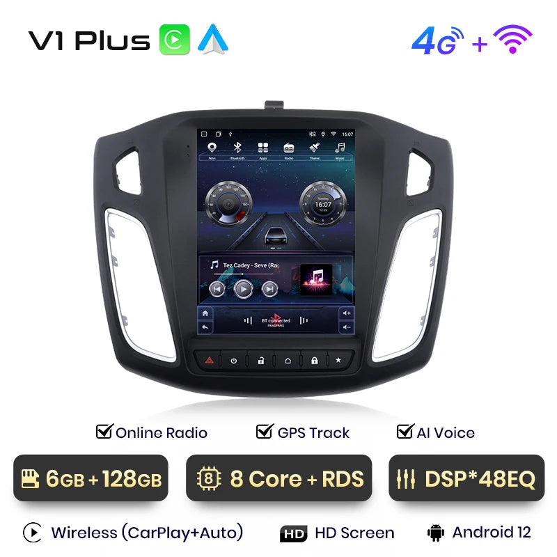 Junsun para Tesla Style Android Auto 4G inalámbrico Carplay DSP reproductor multimedia de radio de coche para Ford Focus MK 3 2012-2017 sin 2din