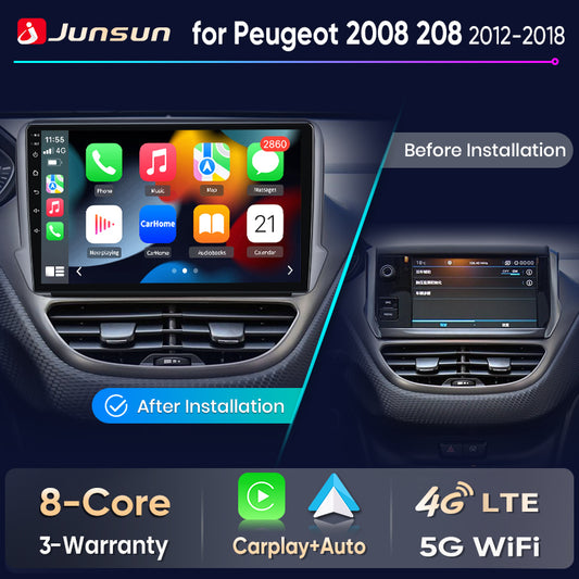 Junsun Wireless CarPlay Car Radio For Peugeot 2008 208 2012 2013 2014-2018 Android Multimedia