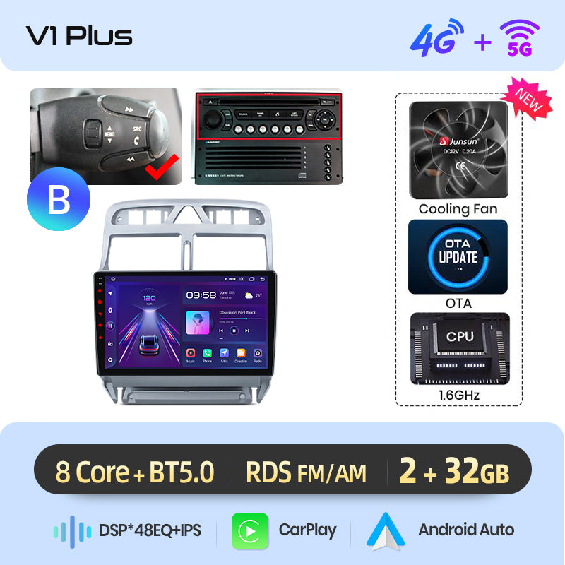 Junsun AI voice 4G LTE wireless CarPlay Android Auto Radio For Peugeot 307 307CC 307SW 2002 - 2013 Car Intelligent Systems Multimedia player Stereo RDS BT 2 din autoradio GPS Navi screen
