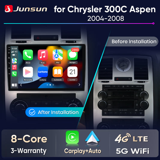 Radio Junsun para Chrysler 300C Aspen 2004-2008 con CarPlay inalámbrico, Android Auto, sistema inteligente para coche, 2 DIN, DVD.