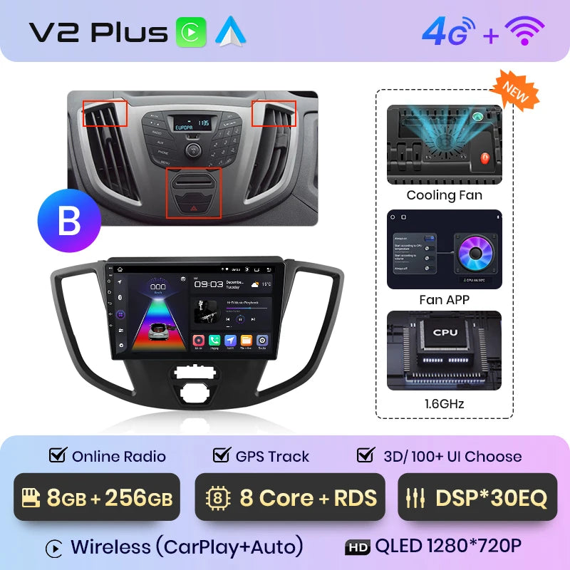 Junsun V1 - Radio inalámbrica con CarPlay y Android para Ford Transit Custom Tourneo 2013-2021, 4G, GPS, 2DIN