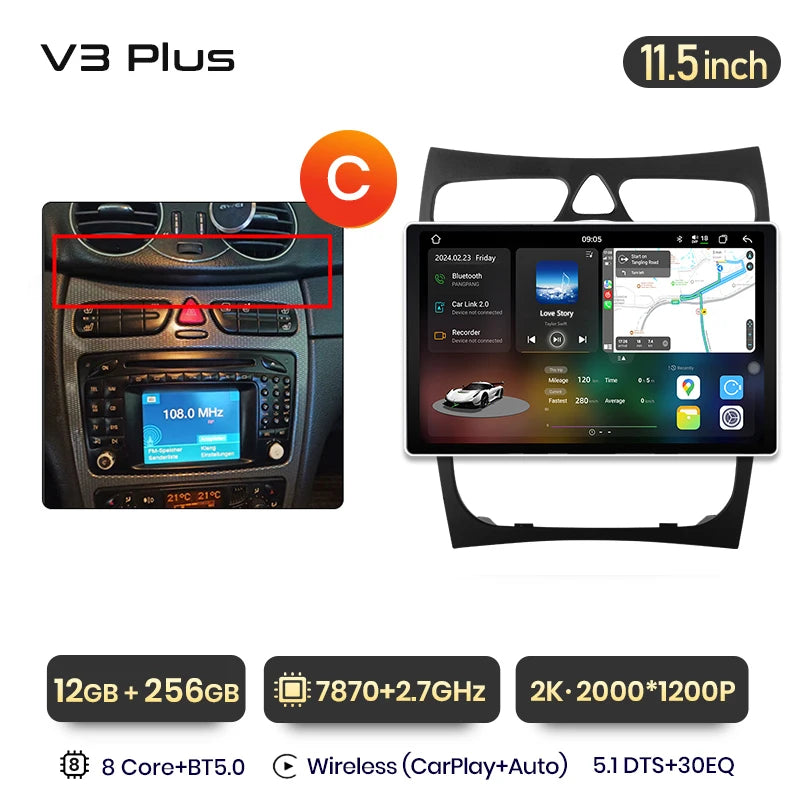 Junsun V3 Plus 2K CarPlay Android Auto Car Intelligent Systems for Mercedes Benz C Class CLK Class W203 W209 S203 A209 2000-2005