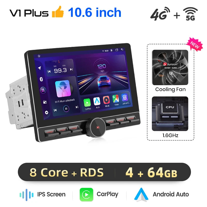 Junsun 10.6 Inch Universal Rotatable 1DIN 2DIN Car Radio Wireless CarPlay Android Auto Touch Screen Multimedia GPS autoradio