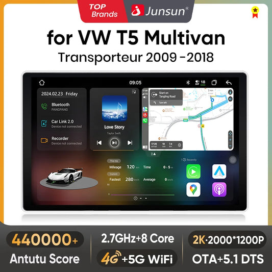 Junsun V3 Plus 2K CarPlay inalámbrico Android Auto Sistemas inteligentes para Volkswagen Multivan T5 2003-2015 Autoradio