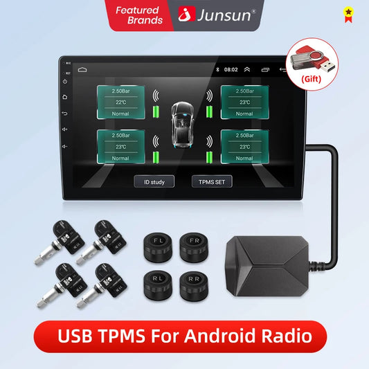 Sistema de alarma de monitoreo de presión de neumáticos USB Junsun TPMS con 4 sensores internos para navegación con reproductor de DVD y Android Junsun