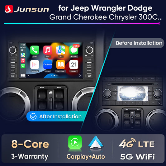 Junsun Wireless CarPlay Car Radio For Jeep Wrangler Dodge Grand Cherokee Chrysler 300C Patriot Command Caliber Android Multimedia