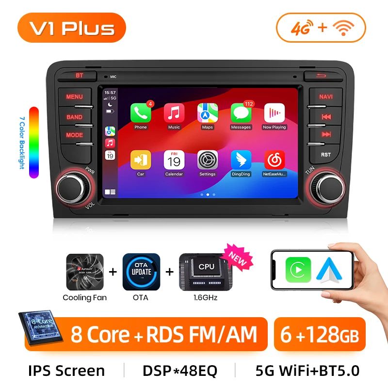 Junsun AI voice 4G LTE wireless CarPlay Android Auto Radio For Audi A3 8P 2003 2004 2005 2006 2007 - 2011 S3 RS3 Sportback Car Intelligent Systems Multimedia player Stereo RDS BT 2 din autoradio GPS Navi screen