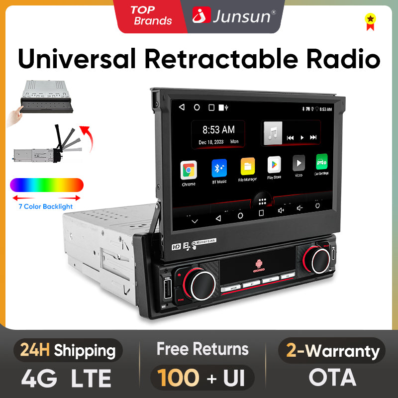 Junsun Wireless Carplay Android Auto 7 "Retractable Touch Screen Universal Radio 1 Din Foldden Car Multimedia Player GPS Autorad