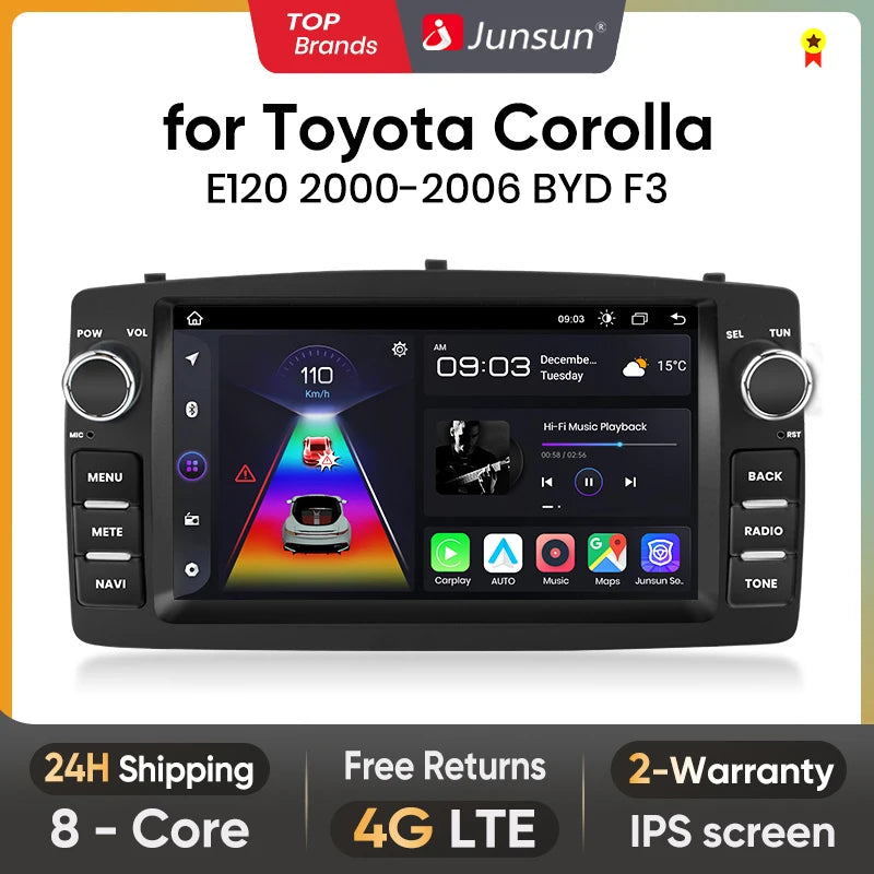 Junsun - Radio inalámbrica con Carplay y Android para Toyota Corolla E120 (2000-2006), BYD F3 (2003-2020), 4G, WiFi, GPS, Bluetooth, DSP, RDS, sin 2 DIN