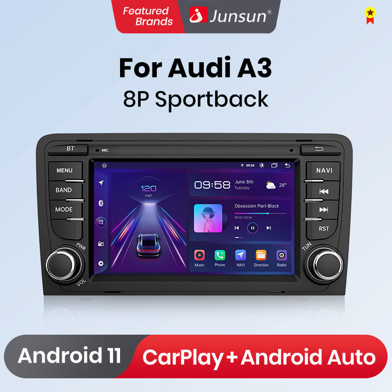 Junsun AI voice 4G LTE wireless CarPlay Android Auto Radio For Audi A3 8P 2003 2004 2005 2006 2007 - 2011 S3 RS3 Sportback Car Intelligent Systems Multimedia player Stereo RDS BT 2 din autoradio GPS Navi screen