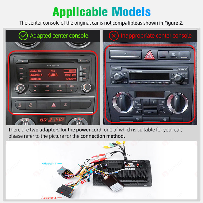 Junsun AI voice 4G LTE wireless CarPlay Android Auto Radio For Audi A3 8P 2003 2004 2005 2006 2007 - 2011 S3 RS3 Sportback Car Intelligent Systems Multimedia player Stereo RDS BT 2 din autoradio GPS Navi screen