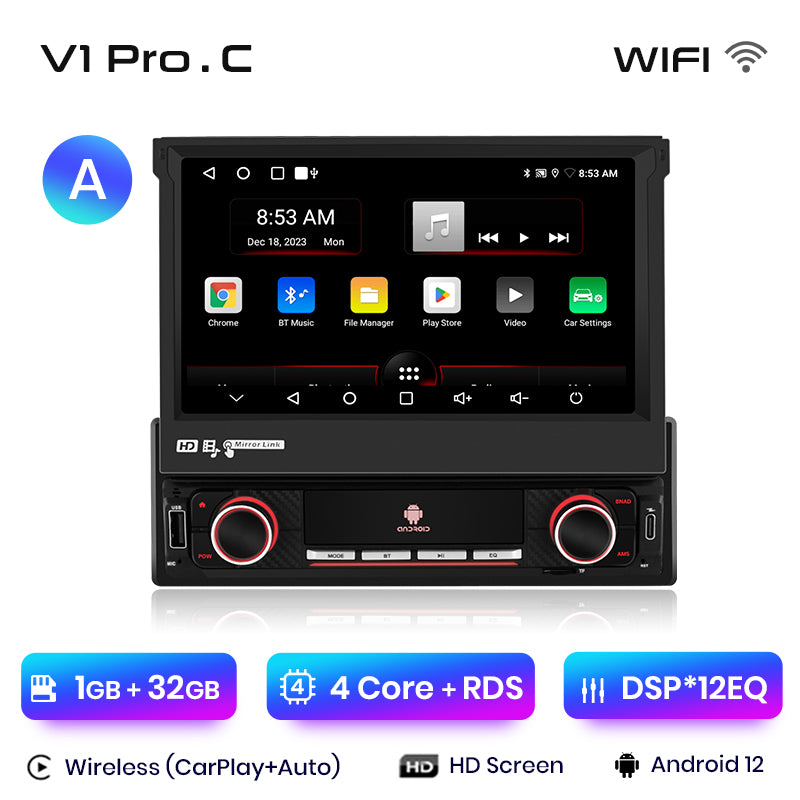 Junsun Wireless Carplay Android Auto 7 "Retractable Touch Screen Universal Radio 1 Din Foldden Car Multimedia Player GPS Autorad