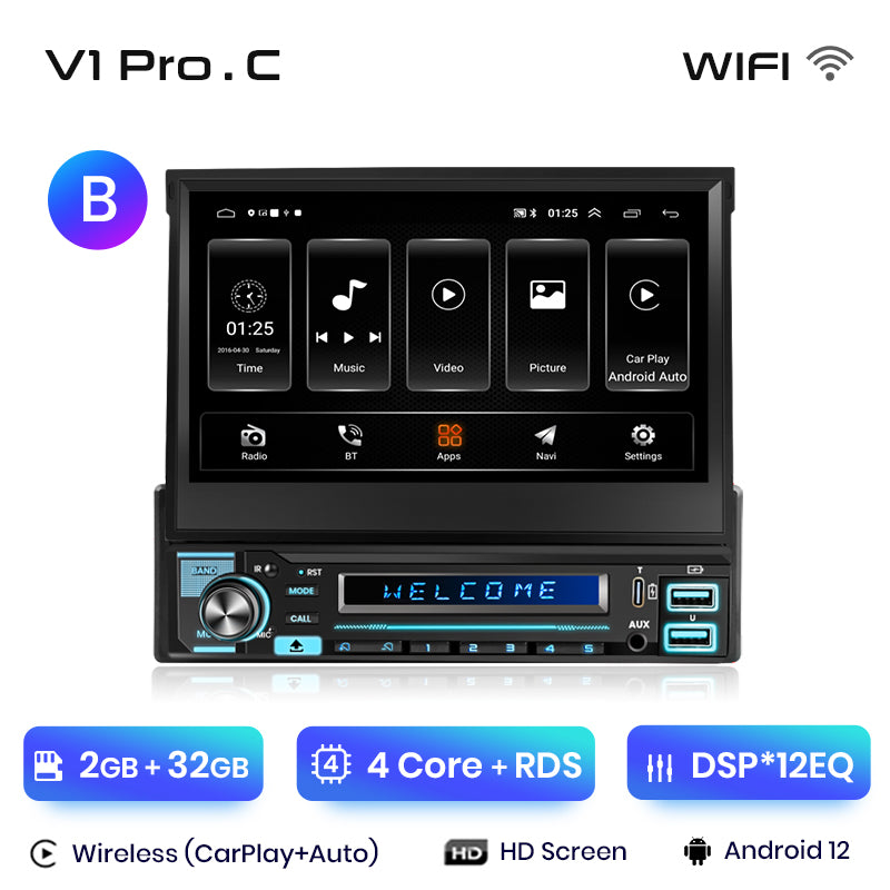 Junsun Wireless Carplay Android Auto 7 "Retractable Touch Screen Universal Radio 1 Din Foldden Car Multimedia Player GPS Autorad