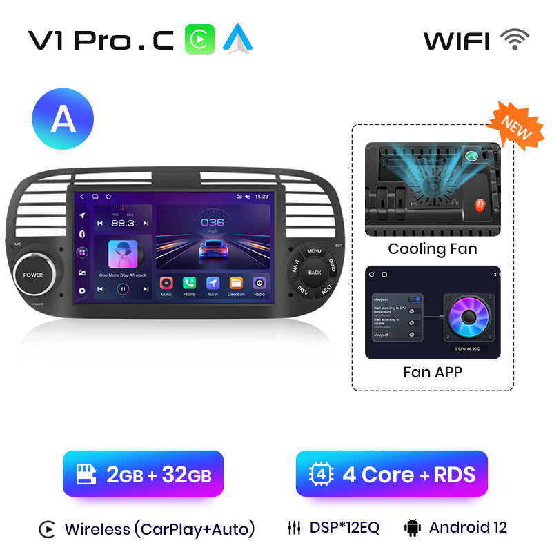 Junsun V1PLus 6 + 128 GB Autoradio-Player für FIAT 500 Abarth 2007-2015 Multimedia GPS-Navigation Autoradio Wireless Carplay