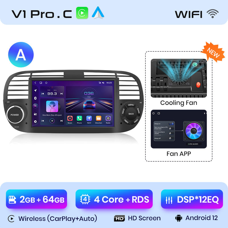 Junsun V1PLus 6 + 128 GB Autoradio-Player für FIAT 500 Abarth 2007-2015 Multimedia GPS-Navigation Autoradio Wireless Carplay