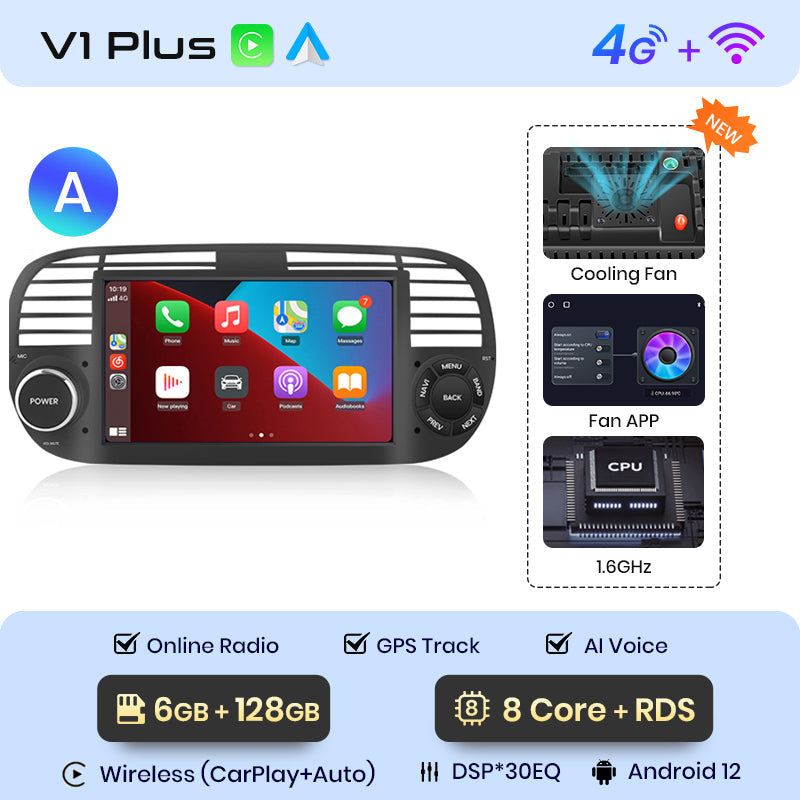 Junsun V1PLus 6 + 128 GB Autoradio-Player für FIAT 500 Abarth 2007-2015 Multimedia GPS-Navigation Autoradio Wireless Carplay