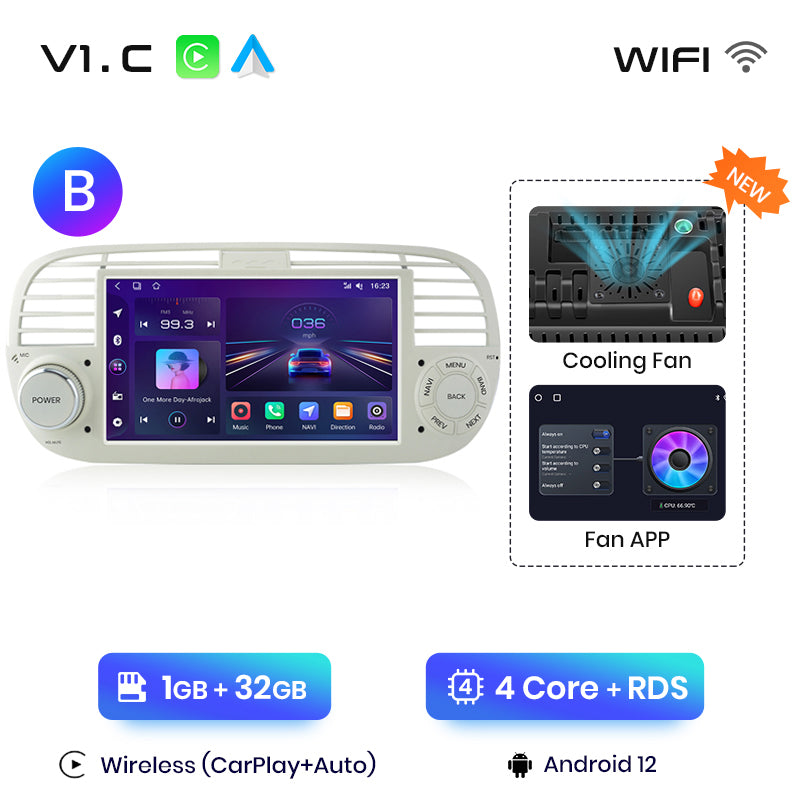 Junsun V1PLus 6 + 128 GB Autoradio-Player für FIAT 500 Abarth 2007-2015 Multimedia GPS-Navigation Autoradio Wireless Carplay