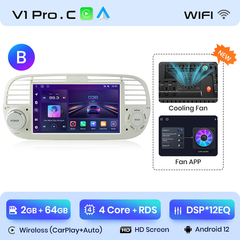 Junsun V1PLus 6 + 128 GB Autoradio-Player für FIAT 500 Abarth 2007-2015 Multimedia GPS-Navigation Autoradio Wireless Carplay