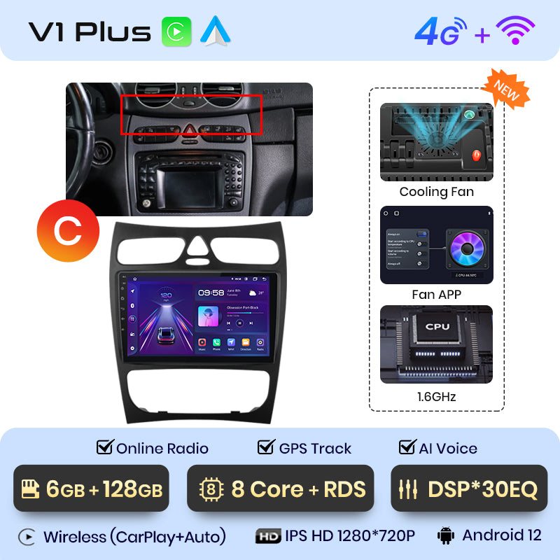 Radio Junsun AI Voice 2 DIN Android para Mercedes Benz Clase C CLK W203 W209 S203 A209 2000-2005 con Carplay 4G, GPS, multimedia, 2 DIN