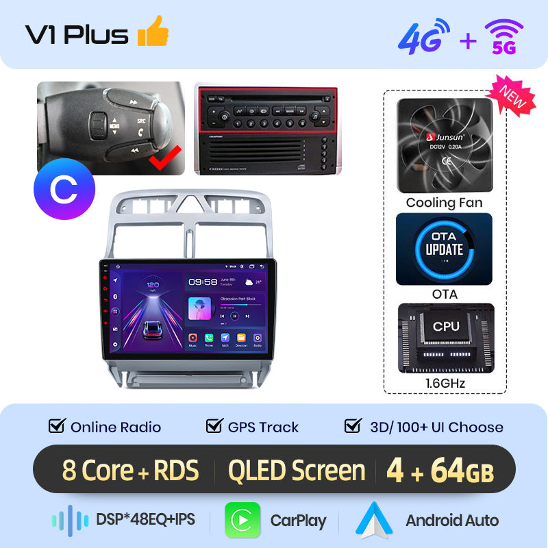 Junsun AI voice 4G LTE wireless CarPlay Android Auto Radio For Peugeot 307 307CC 307SW 2002 - 2013 Car Intelligent Systems Multimedia player Stereo RDS BT 2 din autoradio GPS Navi screen
