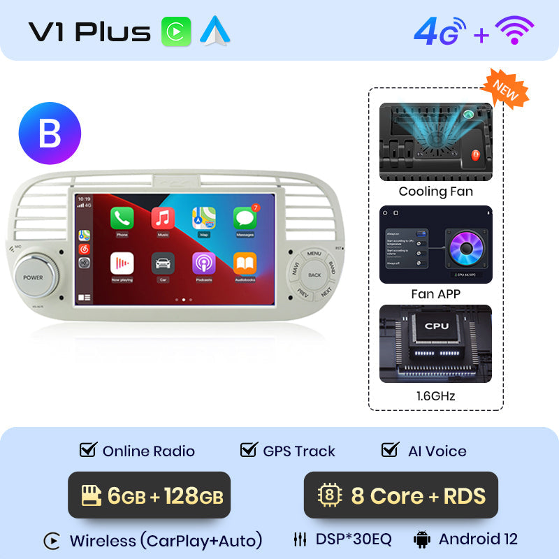 Junsun V1PLus 6 + 128 GB Autoradio-Player für FIAT 500 Abarth 2007-2015 Multimedia GPS-Navigation Autoradio Wireless Carplay