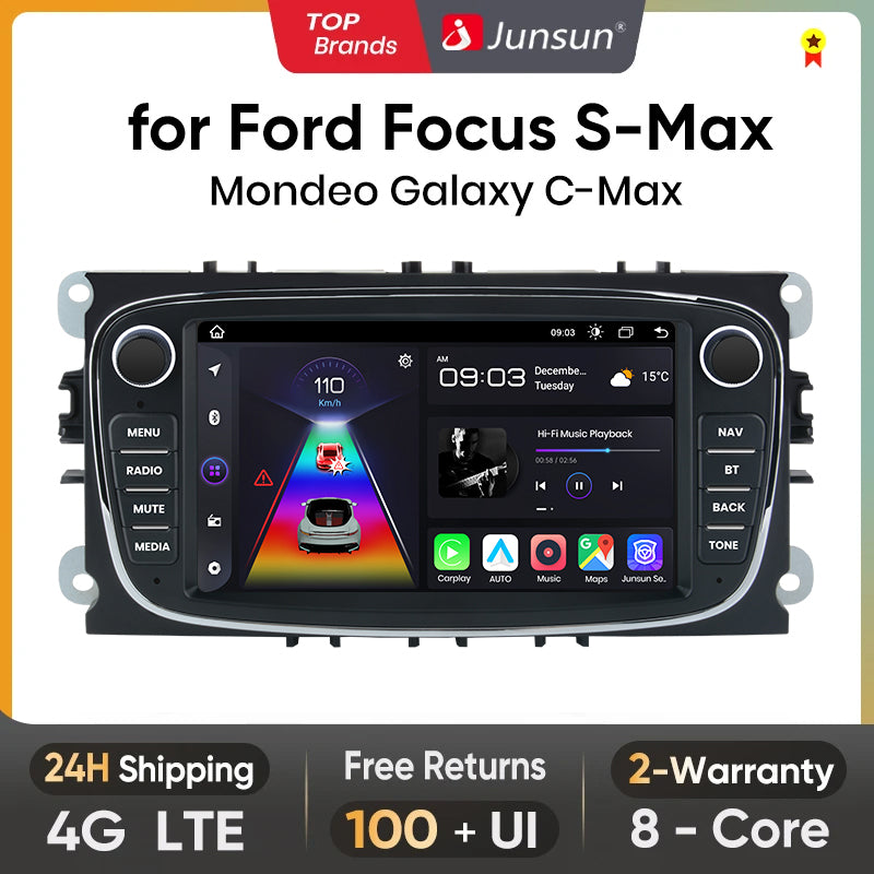 Radio Junsun con CarPlay inalámbrico y Android para Ford Focus S-Max, Mondeo, Galaxy C-Max, Kuga, RDS, 4G, WiFi, GPS, 2 DIN, Bluetooth