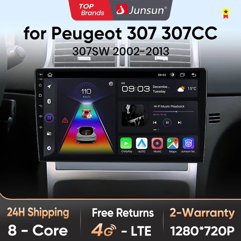 Junsun AI voice 4G LTE wireless CarPlay Android Auto Radio For Peugeot 307 307CC 307SW 2002 - 2013 Car Intelligent Systems Multimedia player Stereo RDS BT 2 din autoradio GPS Navi screen