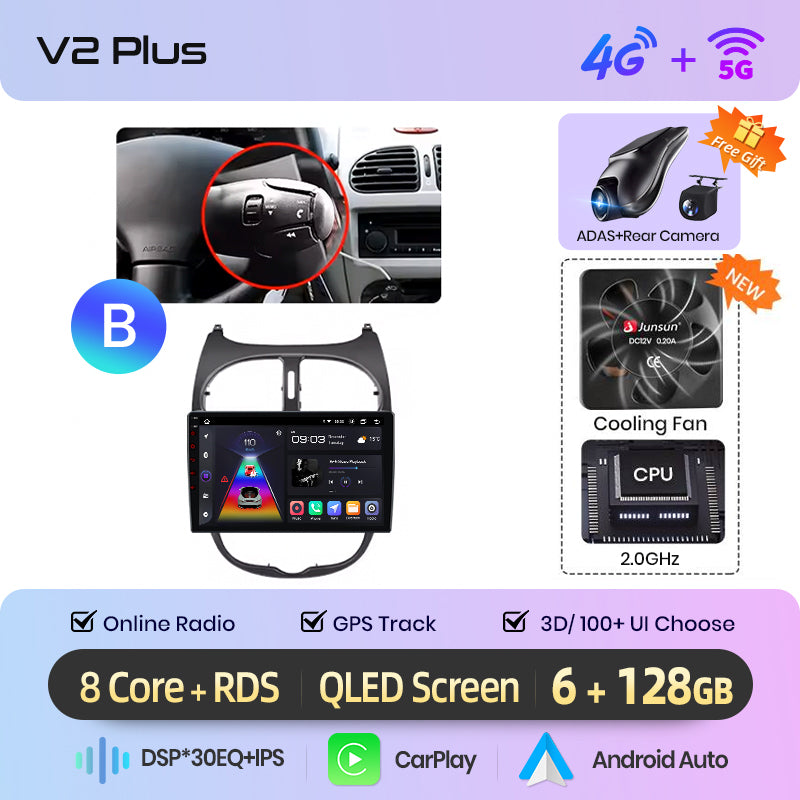 Junsun AI voice 4G LTE wireless CarPlay Android Auto Radio For Peugeot 206 206CC 206SW 2001-2008 Car Intelligent Systems Multimedia player Stereo RDS BT 2 din autoradio GPS Navi screen