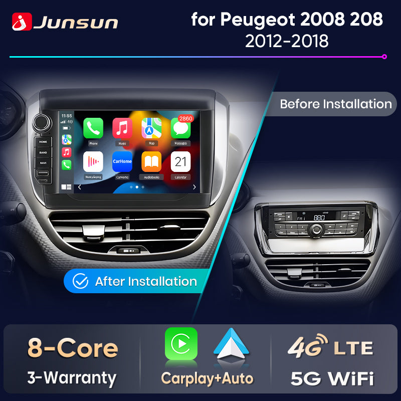 Junsun Wireless CarPlay Car Radio For Peugeot 2008 208 2012 2013-2018 Android Multimedia