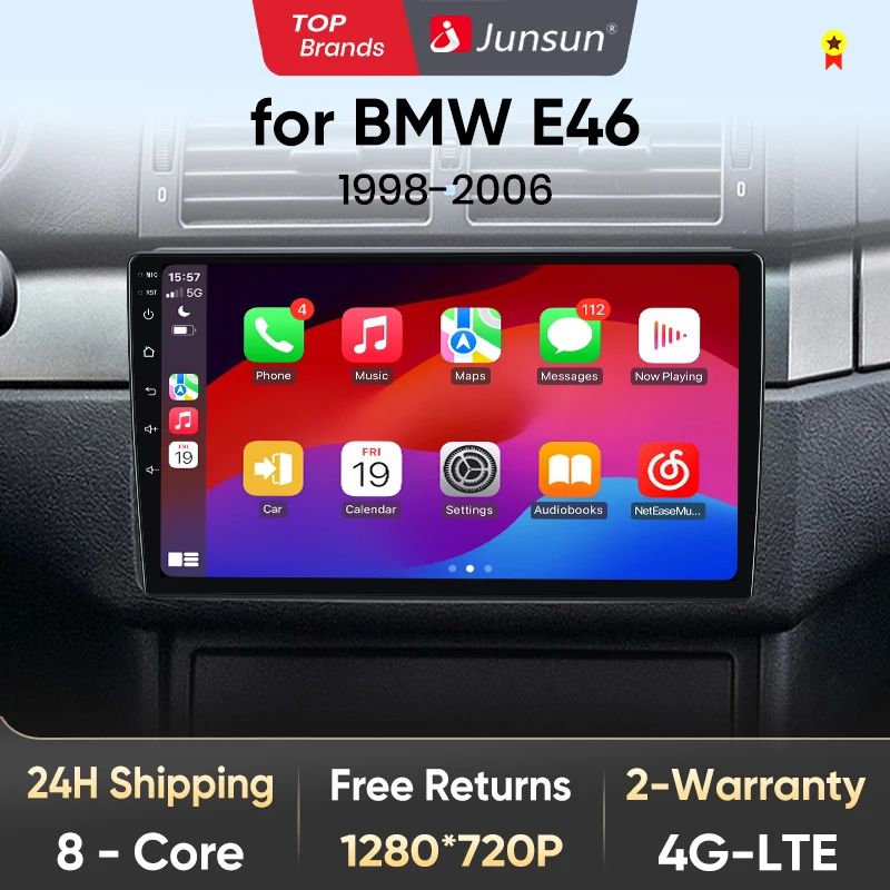 Junsun AI voice 4G LTE wireless CarPlay Android Auto Radio For BMW E46 M3 318/320/325/330/335 1998-2006 Car Intelligent Systems Multimedia player Stereo RDS BT 2 din autoradio GPS Navi screen