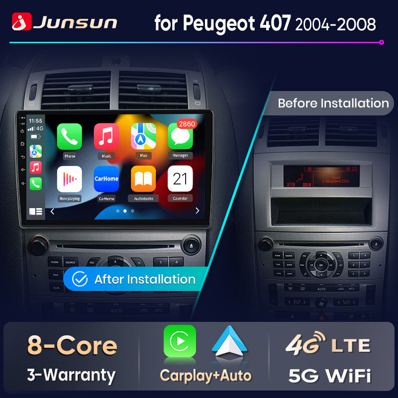 Junsun Wireless CarPlay Car Radio For Peugeot 407 SW CC 2004 2005 2006-2008 Android Multimedia