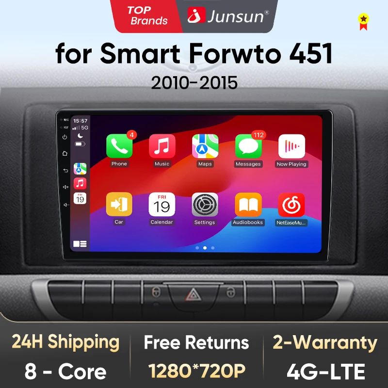 Junsun AI voice 4G LTE wireless CarPlay Android Auto Radio For Smart fortwo 2011 2012 2013-2015 Car Intelligent Systems Multimedia player Stereo RDS BT 2 din autoradio GPS Navi screen