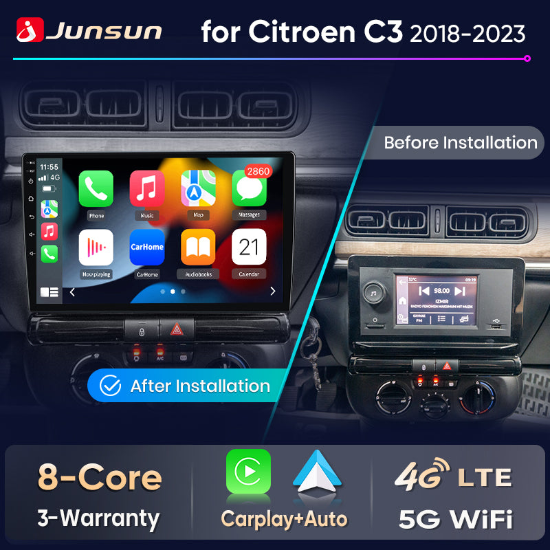 Junsun Wireless CarPlay Car Radio For Citroen C3 2018 2019 2020 2021 2022 2023 Android Multimedia