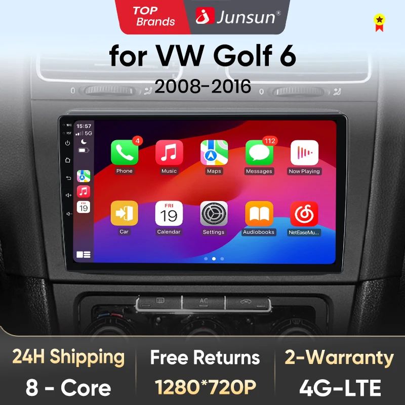 Junsun AI voice 4G LTE wireless CarPlay Android Auto Radio For VW Volkswagen Golf 6 2008 2009 2010 2012 2013 2014 2015 2016 Car Intelligent Systems Multimedia player Stereo RDS BT 2 din autoradio GPS Navi screen