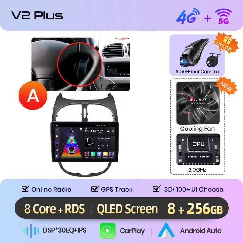 Junsun AI voice 4G LTE wireless CarPlay Android Auto Radio For Peugeot 206 206CC 206SW 2001-2008 Car Intelligent Systems Multimedia player Stereo RDS BT 2 din autoradio GPS Navi screen