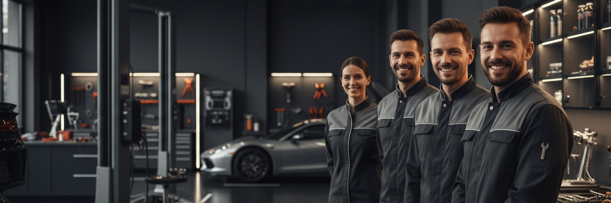 加入我们的图片，汽车工匠面对镜头微笑，背景为汽车维修车间，背景颜色偏深，人物在画面右侧，带有高级感