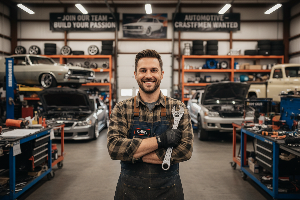 图片内容为加入我们，图片主体展示一个车库里的维修工匠，面对镜头微笑，背景是汽车改装车间