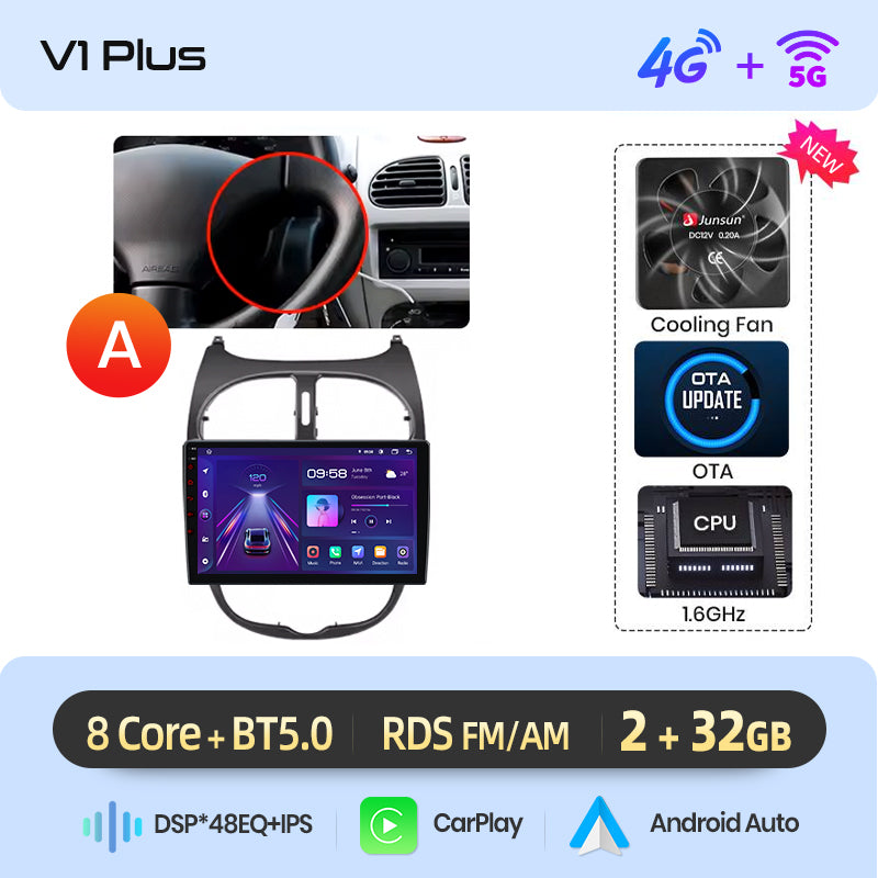 Junsun AI voice 4G LTE wireless CarPlay Android Auto Radio For Peugeot 206 206CC 206SW 2001-2008 Car Intelligent Systems Multimedia player Stereo RDS BT 2 din autoradio GPS Navi screen