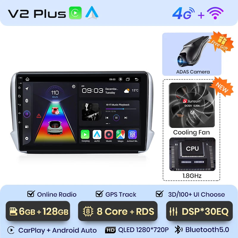 Radio Junsun para Peugeot 2008, 208, 2012-2018, inalámbrica, CarPlay, Android Auto, sistema inteligente, 2 DIN, DVD. 