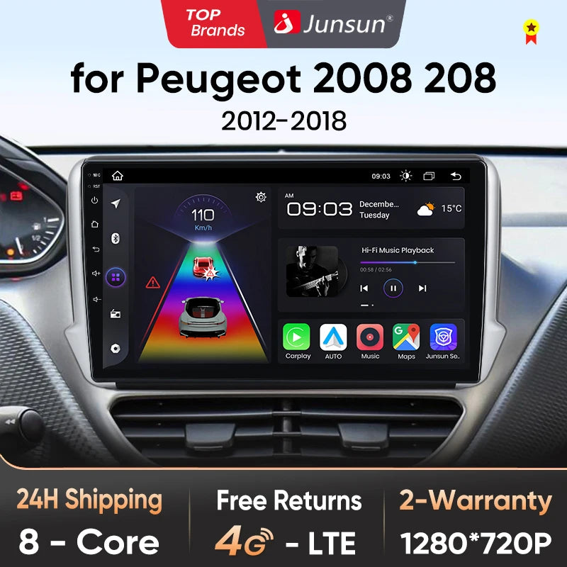 Radio Junsun para Peugeot 2008, 208, 2012-2018, inalámbrica, CarPlay, Android Auto, sistema inteligente, 2 DIN, DVD. 