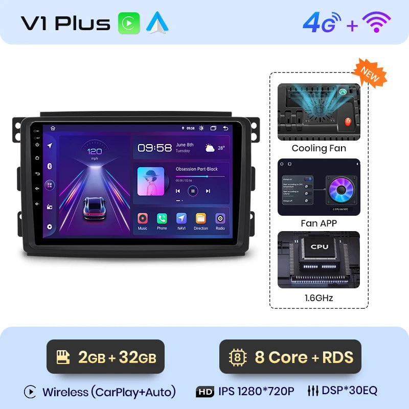Junsun V1 AI Voice - Radio inalámbrica CarPlay Android para Smart Fortwo 451 (2005-2010), 4G, GPS, 2DIN 