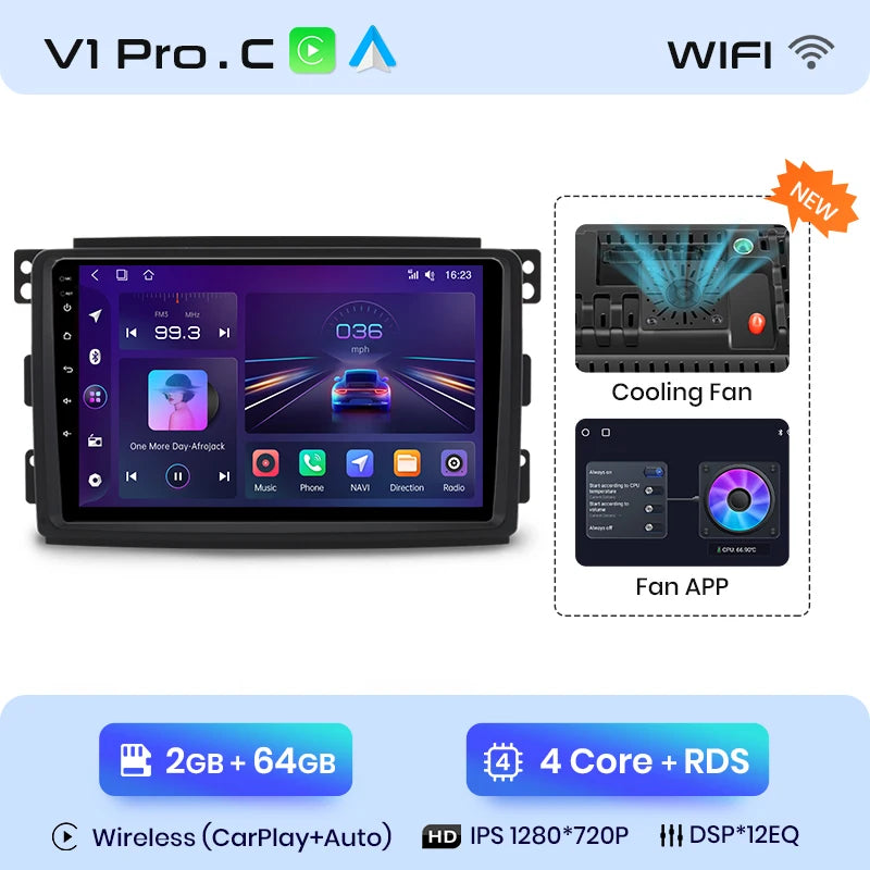Junsun V1 AI Voice - Radio inalámbrica CarPlay Android para Smart Fortwo 451 (2005-2010), 4G, GPS, 2DIN 