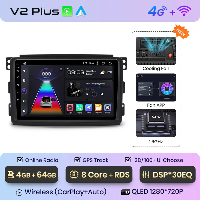 Junsun V1 AI Voice - Radio inalámbrica CarPlay Android para Smart Fortwo 451 (2005-2010), 4G, GPS, 2DIN 