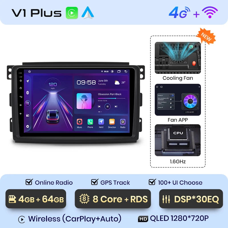 Junsun V1 AI Voice Wireless CarPlay Android Auto Radio For Smart Fortwo 451 2005 - 2010 4G Car Multimedia GPS 2din autoradio