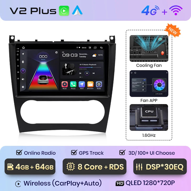 Junsun V1 AI Voice - Radio inalámbrica CarPlay Android para coche, GPS, 2DIN, para Benz Clase C W203 2005-2009 