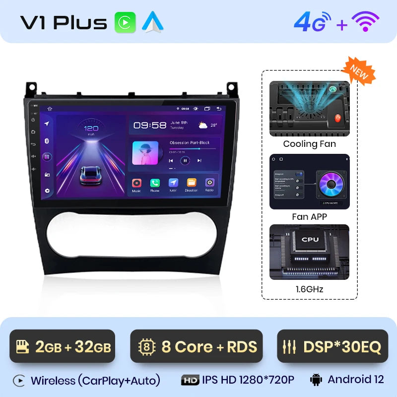 Junsun V1 AI Voice - Radio inalámbrica CarPlay Android para coche, GPS, 2DIN, para Benz Clase C W203 2005-2009 