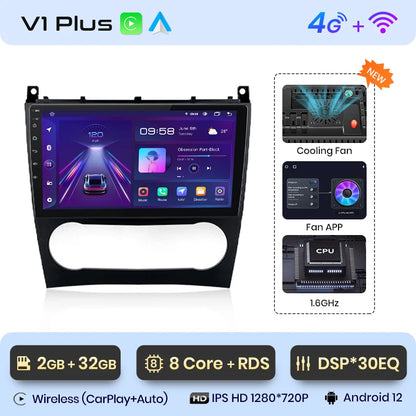 Junsun V1 AI Voice - Radio inalámbrica CarPlay Android para coche, GPS, 2DIN, para Benz Clase C W203 2005-2009 