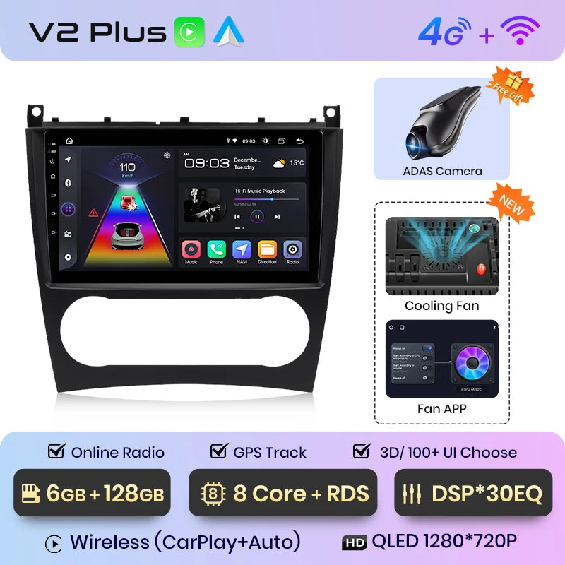 Junsun V1 AI Voice - Radio inalámbrica CarPlay Android para coche, GPS, 2DIN, para Benz Clase C W203 2005-2009 